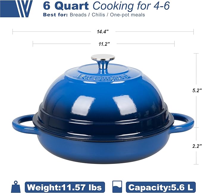 Cast Iron Enameled Dutch Oven Pot with Lid for Bread Baking, Bread Oven, 6 Quart, Blue