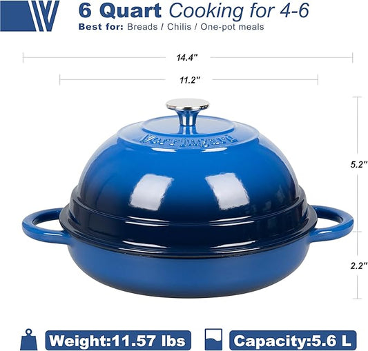 Cast Iron Enameled Dutch Oven Pot with Lid for Bread Baking, Bread Oven, 6 Quart, Blue