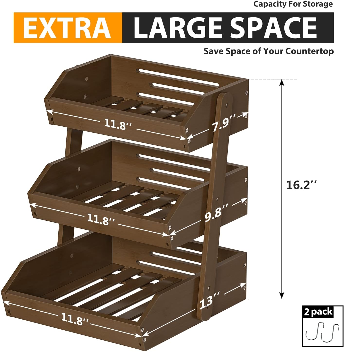Bamboo Fruit Basket for Kitchen–3 Tier Fruit Bowl For Kitchen Counter, Large Fruit Holder With 2 Banana Hangers, Idea For Fruit and Vegetable Storage, Bread Basket, Snack Organizer(WALNUT)