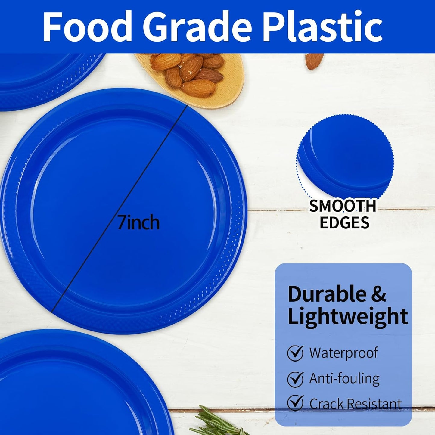 100 pcs Blue Plastic Plates Disposable 7inch Party Dessert Dinner Plates Heavy Duty for Party,Wedding, Valentines,Christmas,Thanksgiving day