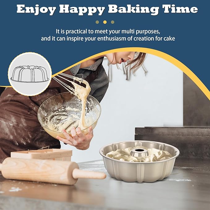 P&P CHEF 10 Inch Light Gold Non-stick Cake Pan, Carbon Steel Fluted Tube Round Baking Pan for Pound Cake, 10-Cup Large Capacity Bakeware, Healthy & Heavy Duty, 2 Pieces