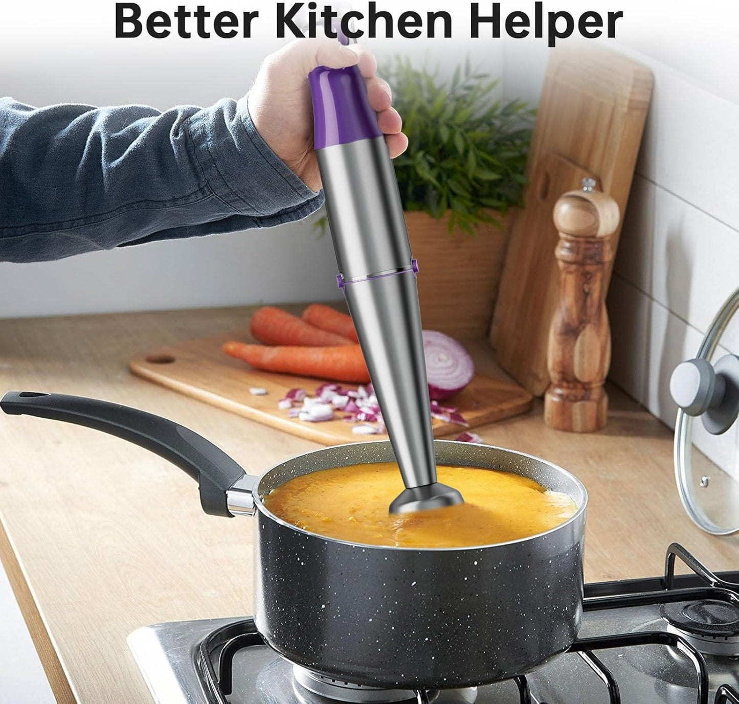 Immersion Blender Handheld Corded Hand Blenders Set 1100W, Trigger Variable Speed 5 in 1 Stick Emulsifier with Chopper, Whisk and Frother for Soup, Baby Food and Smoothies, Purple