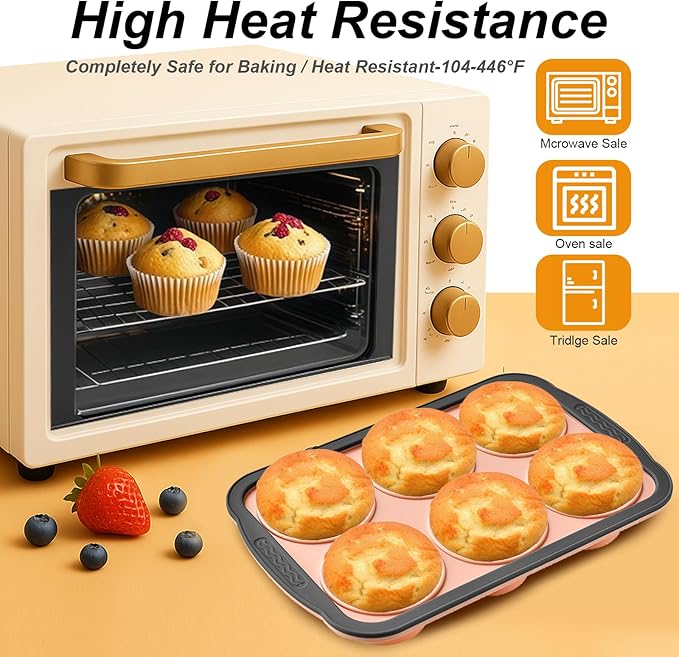 Silicone Muffin Pans for Baking with Metal Frame, 6 Cup Silicone Muffin Pan, Nonstick Cupcake Pan, BPA Free Muffin Tins Easy to Pop Cupcake Baking Pan Molds for Oven Dishwasher Safe Pink