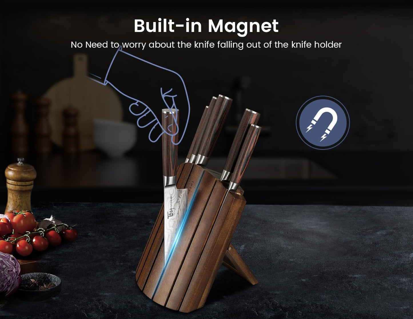 Knife Set 7 Piece Japanese Style Kitchen Knife Set With Foldable Magnetic Acacia Wood Block Sharp High Carbon Stainless Steel Knives Set for Kitchen with Anti-slip Ergonomic Handle, Ideal Gift