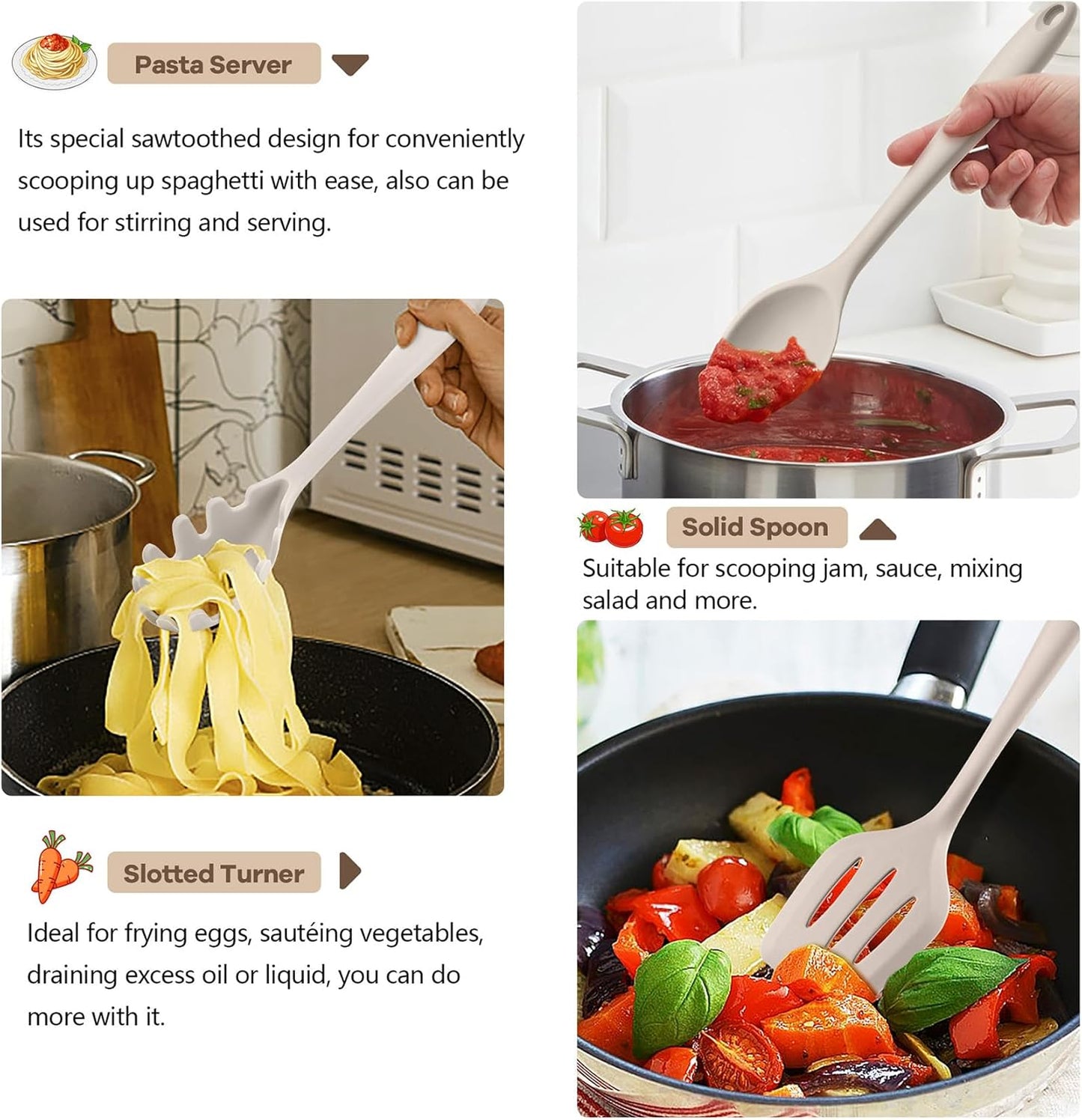 TeamFar Kitchen Cooking Utensils, 10 pcs Silicone Cooking Utensils Set, 446°F Heat Resistant Kitchen Gadgets Tools Set w/Spatula, Turners, Spoons, Soup Ladle, Pasta Server for Nonstick Cookware, Khaki