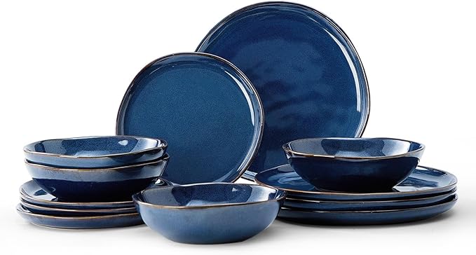 Bestone 12 Pieces Round Kitchen Dinnerware Sets，Plates and Bowls Sets,Dishes, Plates, Bowls, Dish Set, Chip Resistant Ceramic Dinnerware Set, Dishwasher/Microwave Safe,Service for 4,Cobalt Blue