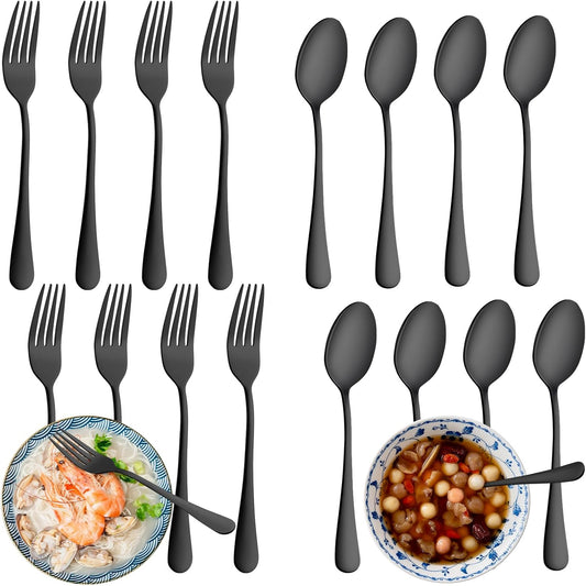 24 Pcs Black Forks and Spoons Silverware Set, Food Grade Stainless Steel Flatware Cutlery Set for Kitchen and Restaurant, 12 Dinner Fork(8") and 12 Teaspoon(6.7"), Mirror Polished, Dishwasher Safe