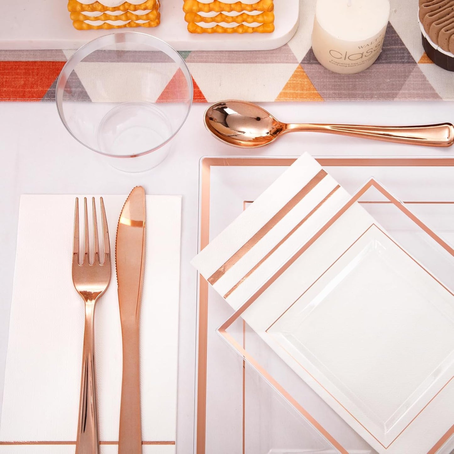 Festiva 350Pcs Rose Gold Plastic Plates - Clear Rose Gold Disposable Dinnerware Sets for 50Guests include 100 Plates 50 Cups 50Plastic Cutlery 50Napkins for Christmas Party&Wedding&Mother's Day