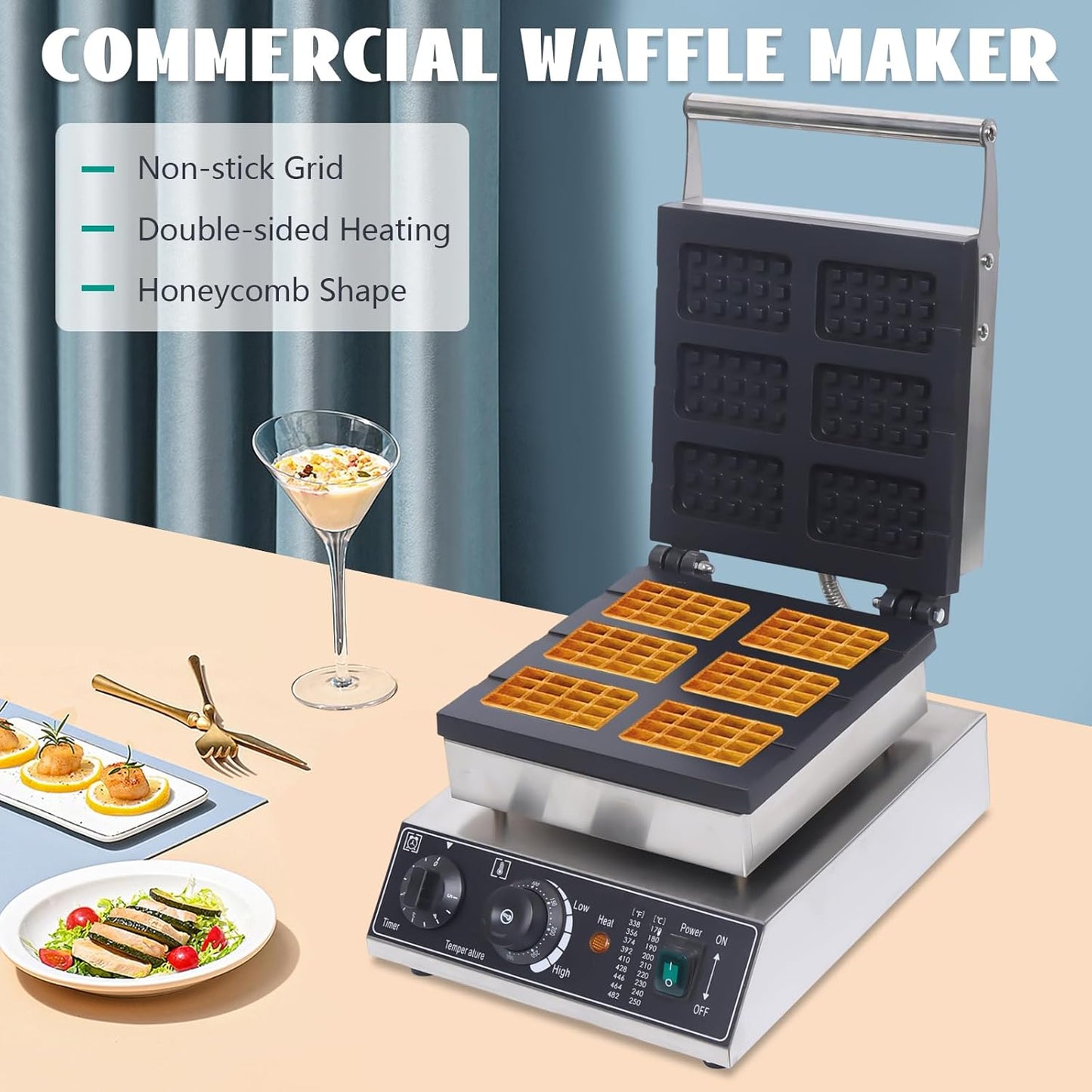 1500W Commercial Waffle Maker 6Pcs Rectangle Waffle Maker Machine Double Sided Nonstick Electric Waffle Iron Waffle Baking Machine for Snack Bar, Restaurant, Bakery, Home