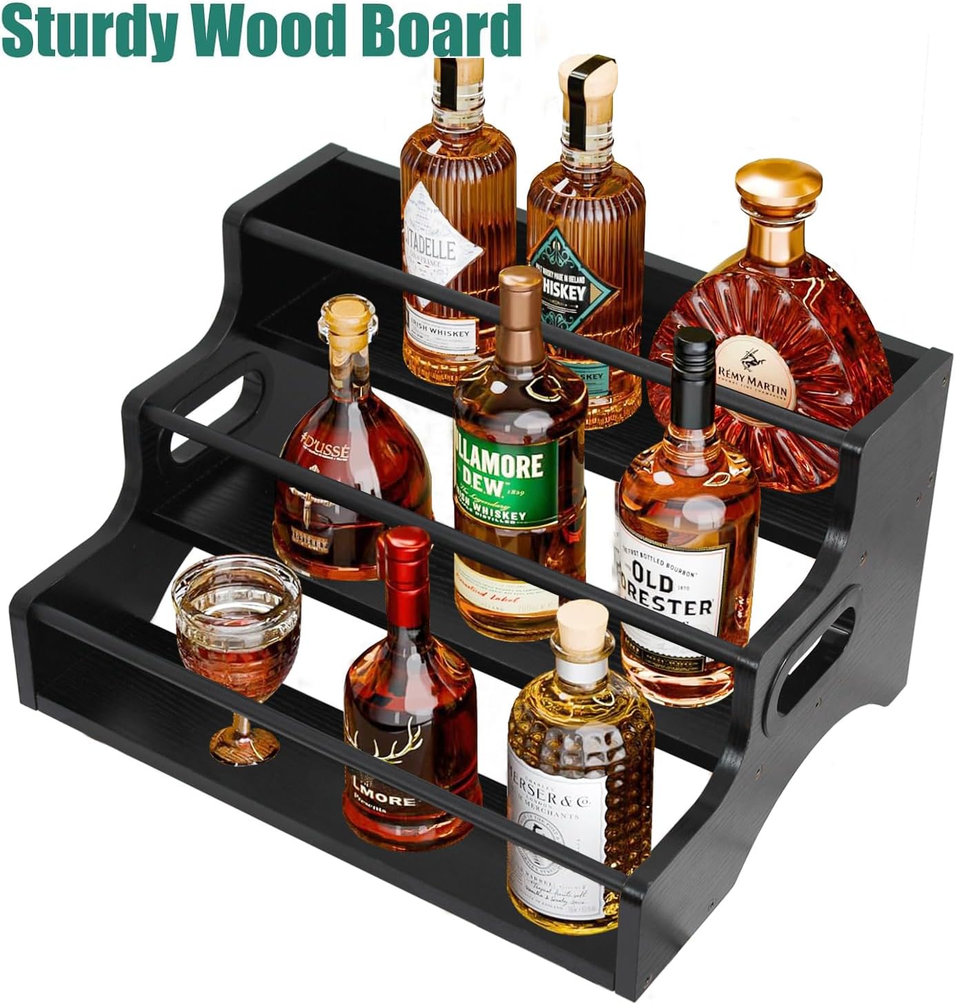 AT-VALY 3-Tier Countertop Wine Rack, Iron&MDF Kitchen Storage Shelf, Space-Saving Countertop Organizer for Spices, Herbs, Seasonings, Sturdy Stylish Condiment Holder(Black Grain)