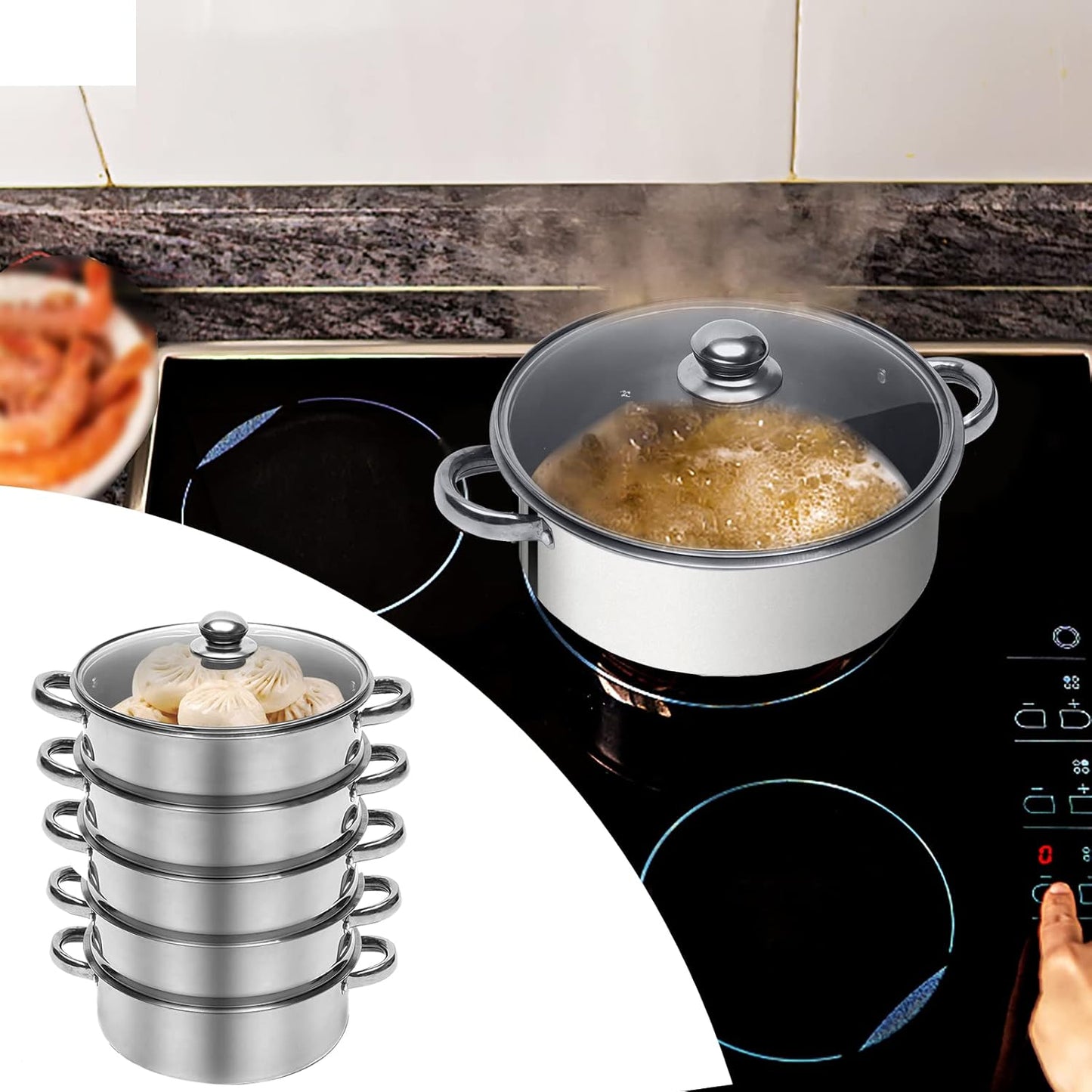 Steamer Pot Food-Grade Polished Stainless Steel Dumpling Steamer Cooker Multi-functional 5-layer Fast Heating 26cm/28cm/30cm (26cm)
