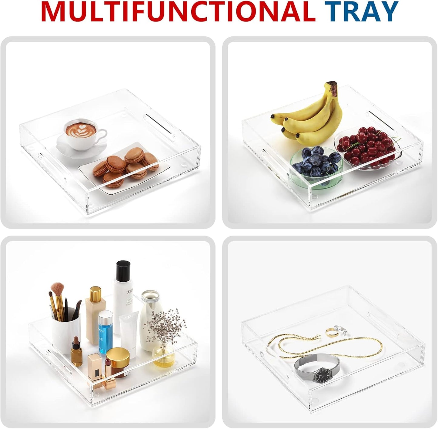 Acrylic Serving Tray with Handles-12x12x2.36Inch-Decorative Tray Letter Tray Organizer for Ottoman Coffee Table Countertop, Clear