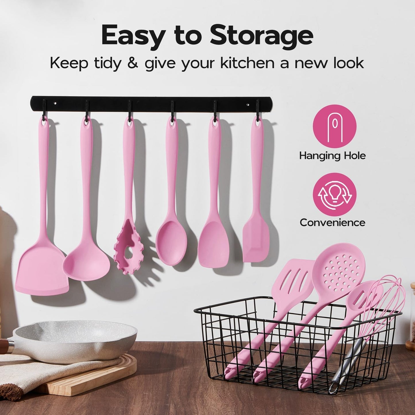 Onader Silicone Cooking Utensils Set, 10 Pieces Kitchen Utensils Set, Pink Kitchen Gadgets Tools Kit for Nonstick Cookware