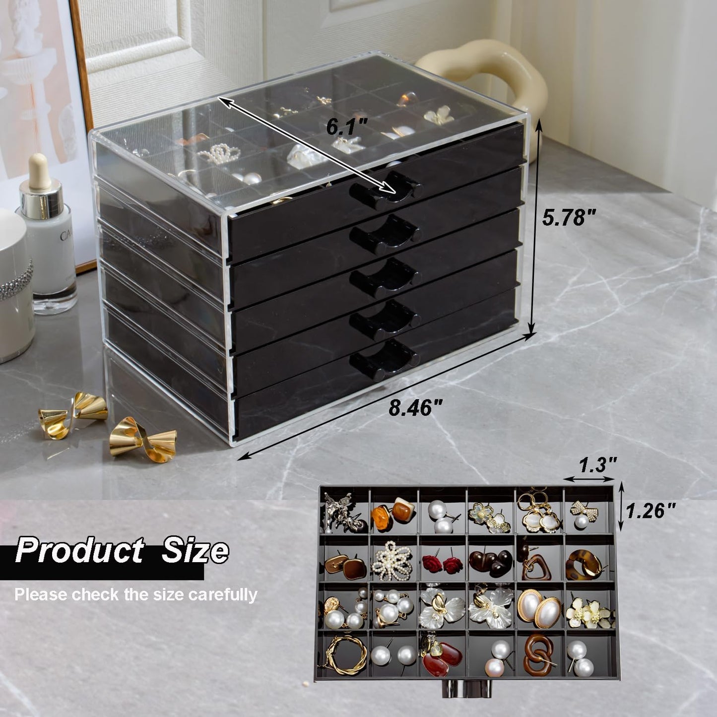 Earring Storage Box Organizer, Acrylic Jewelry Storage Box Holder 5 Drawers Transparent Jewelry Display Stand with 120 Small Compartments Gift Boxes for Women Girls (Black)