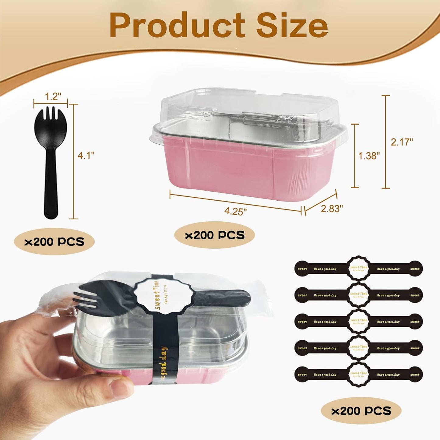 Mini Cake Pans With Lids And Spoons,5.5 oz Rectangle Mini individual Loaf Pans Disposable Aluminum Foil Small Baking Cups Tins (200, Pink)