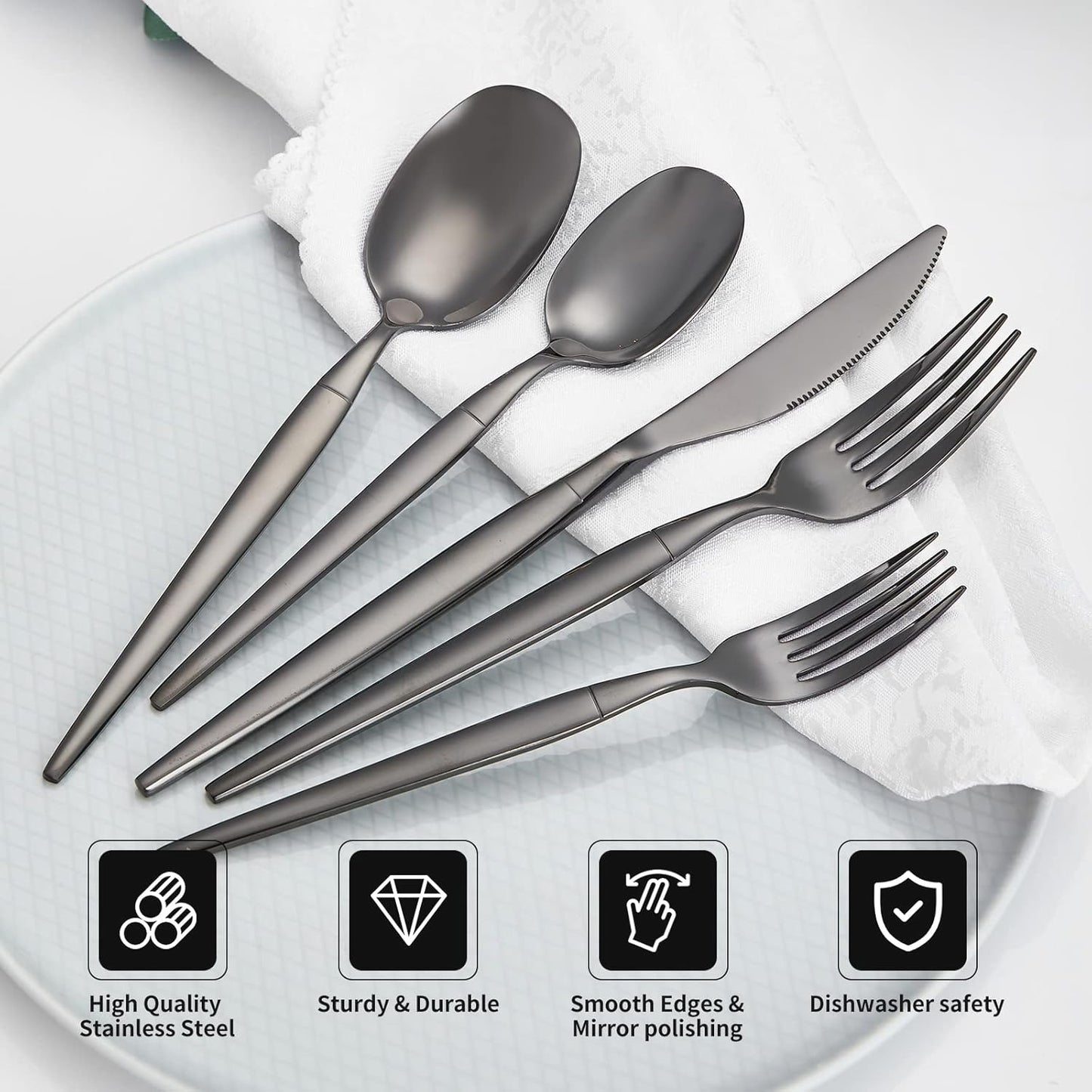 40-piece Black Silverware Set, Unique Design Stainless Steel Flatware Set, Cutlery Set Spoons And Forks Knives Set, Tableware Set Service For 8, Dishwasher Safe