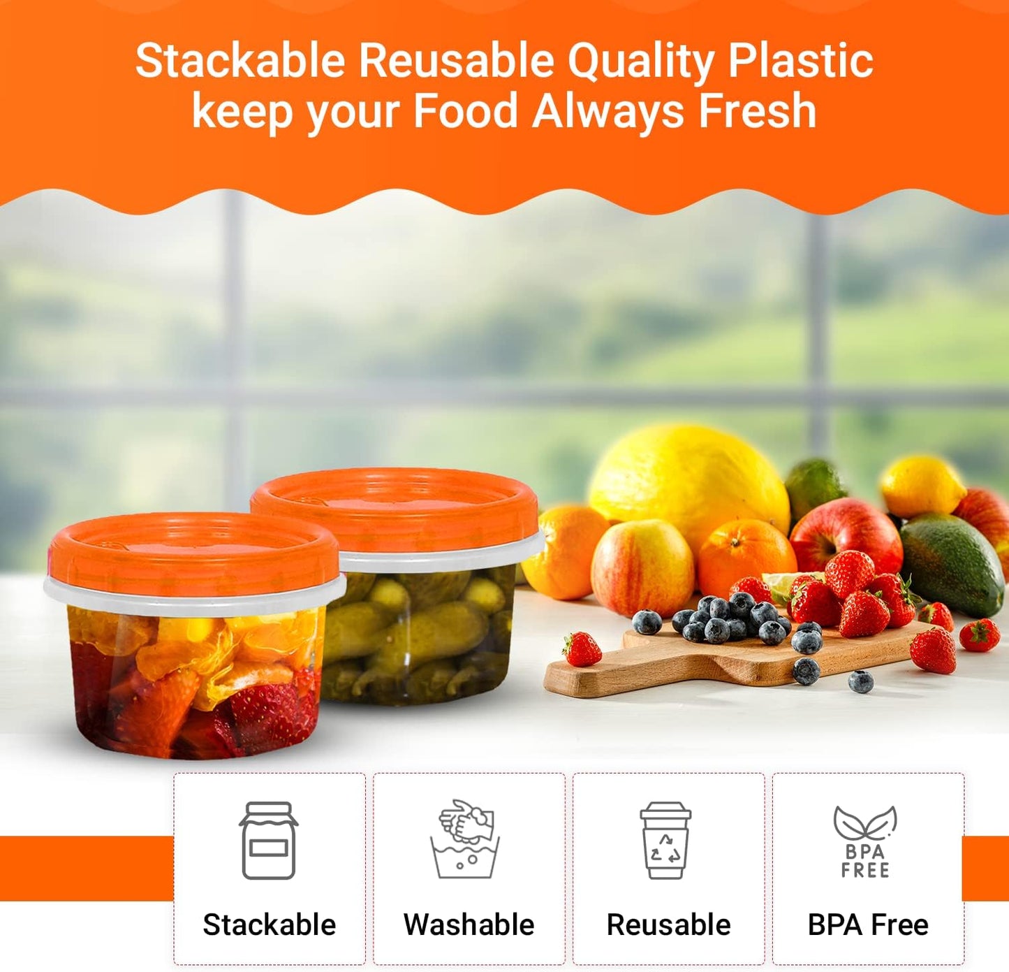 [Orange - 12 Pk] Airtight Deli Containers with Lids Twist Lock Top Clear Food Storage for Meal Prep Snacks, Leftovers Freezer and Microwave Safe Stackable Leak-Resistant and 12 Pc. Set (16 Ounce)