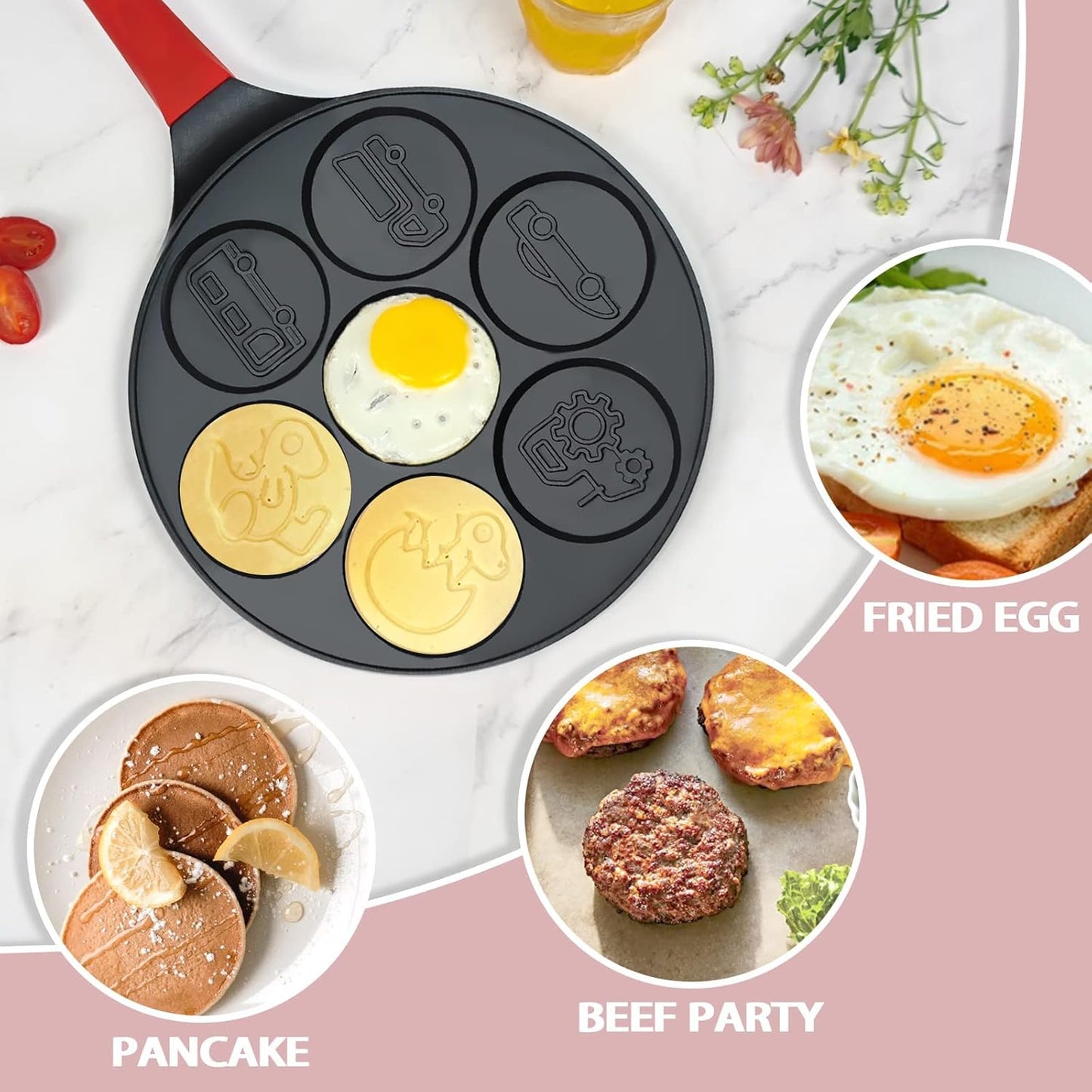 Dinosaur Egg Pan Omelet Pan Silver Dollar Pancake Pan Pancake Maker Breakfast 7-Cups Car Truck Pancake Mold Nonstick Egg Cooker