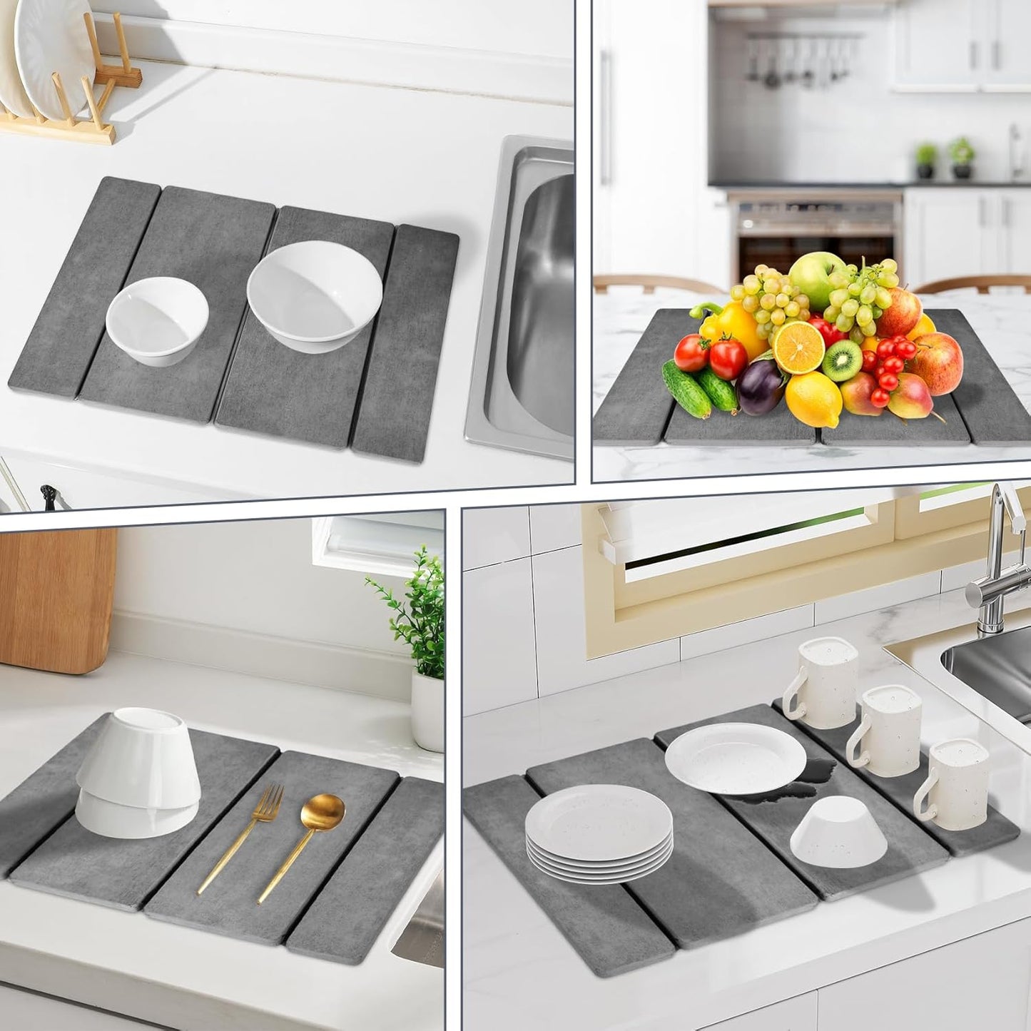 Stone Dish Drying Mat for Kitchen Counter，24x16 Collapsible Diatomaceous Earth Mats， Quick Drying Absorbent Dish Mat,Non-Slip Countertop & Bath Mat for Dishes Cups Bottles,Dark Gray