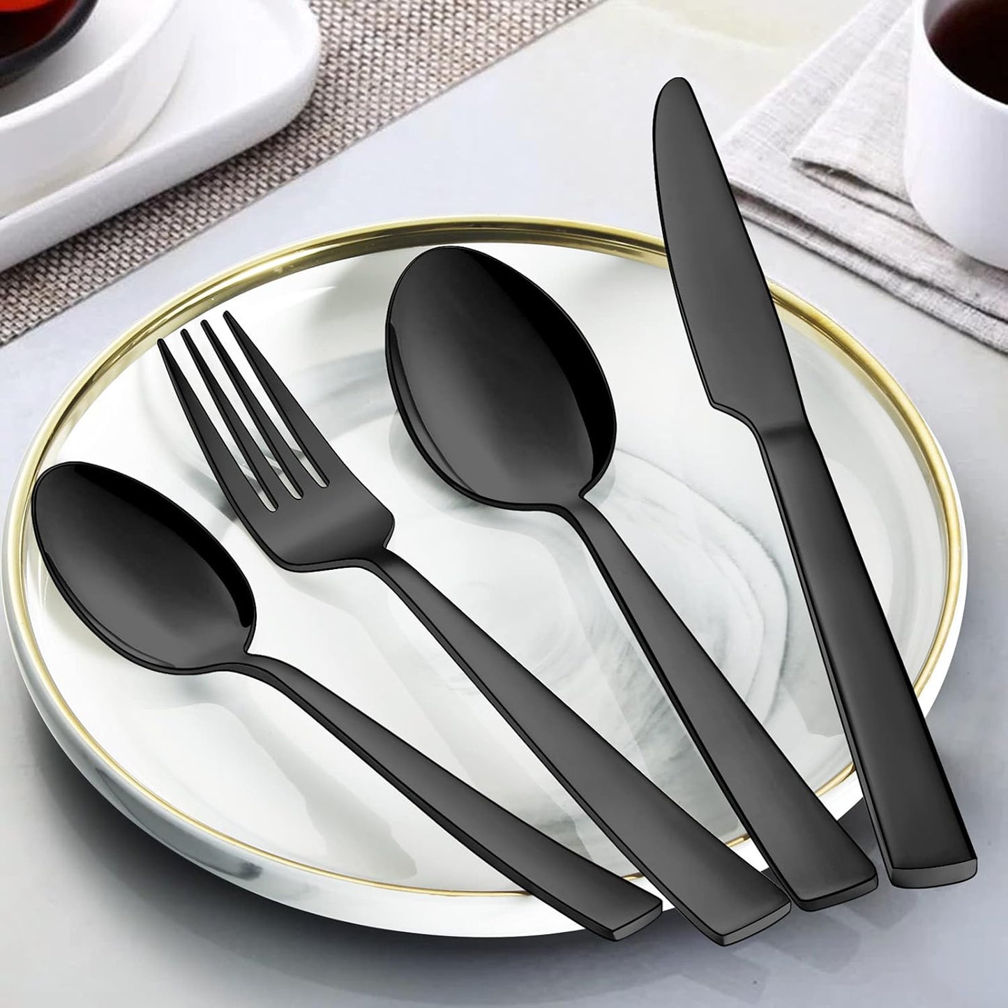 Wildone 60-Piece Black Silverware Set, Stainless Steel Flatware Square Cutlery Set Service for 12, Eating Utensils Include Knife Fork Spoon, Mirror Polished & Dishwasher Safe