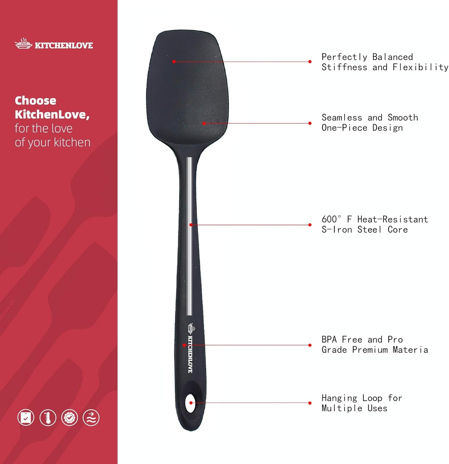 KITCHENLOVE Premium 600°F Heat Resistant 5 Piece Silicone Spatula Set for Baking, Cooking, Mixing - Non-Stick with High Grade S-Iron Steel Core - One Piece Seamless Design - BPA Free (Black)