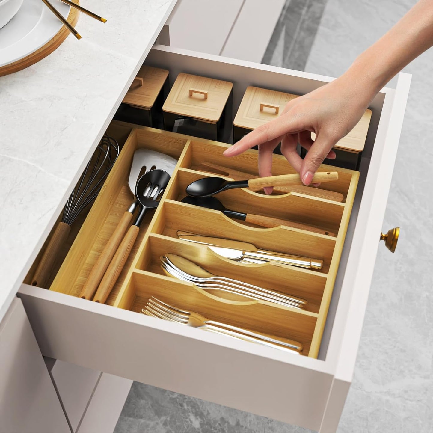 Bamboo Kitchen Silverware Drawer Organizer - 13 Inch Utensil Tray with 7 Slots and Deep Grooved Dividers for Flatware Cutlery Knives, Forks, Spoons - Kitchen Utensil Holder