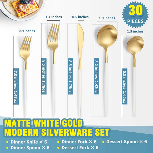 Lemeya Matte White Gold Silverware Set for 6,Modern Stainless Steel Brushed Cutlery Set,30-Pieces Heavy Duty Flatware Set,Knives Spoons and Forks Set Utensils Set, Satin Finish, Dishwasher Safe