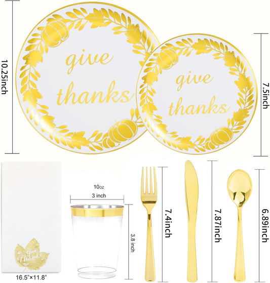 YOUBET 175PCS Thanksgiving Plastic Plates - Thanksgiving Gold Disposable Plates - Fall Plastic Plate Include 50 Plate, 25forks, 25Knives, 25Spoons, 25 Napkins, 25Cups for Fall Party