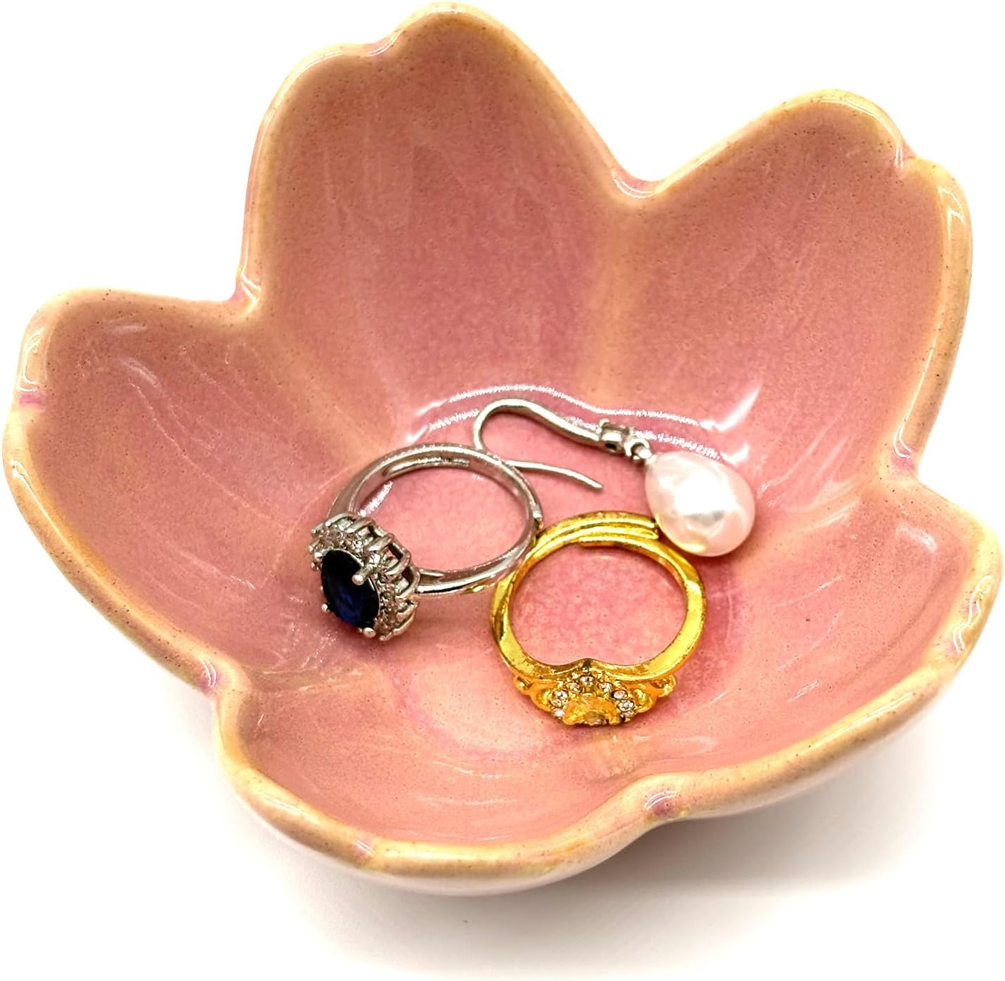 Pink Flower Ring Dish Jewlery Tray, Small Ceramic Jewelry Dish Tray Room Nightstand Decor Trinket Dish Bathroom Ring Holder Jewelry Plate Bowl Christmas Friendship Birthday Gifts for Women Mom