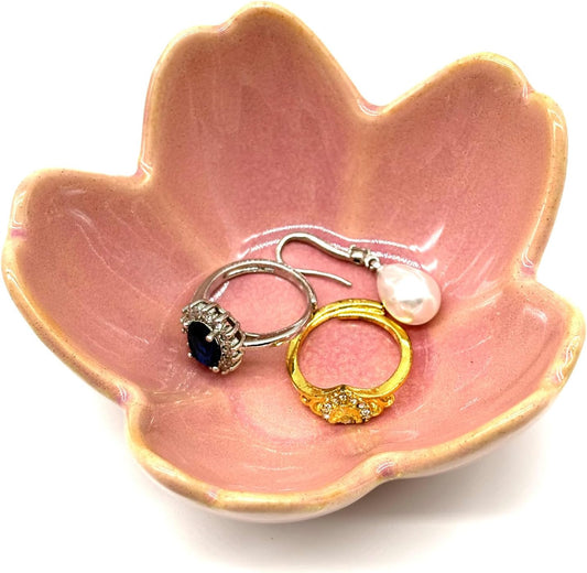 Pink Flower Ring Dish Jewlery Tray, Small Ceramic Jewelry Dish Tray Room Nightstand Decor Trinket Dish Bathroom Ring Holder Jewelry Plate Bowl Christmas Friendship Birthday Gifts for Women Mom