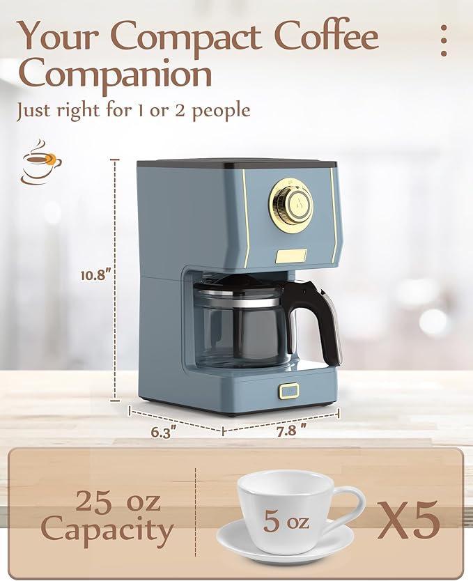 Amaste Coffee Maker, 5 Cup Coffee Pot with Three Brewing Modes, Retro Coffee Maker with Glass Carafe & Reusable Coffee Filter, Drip Coffee Maker Ideal for Home or Office, Keep Warm, Ash Blue