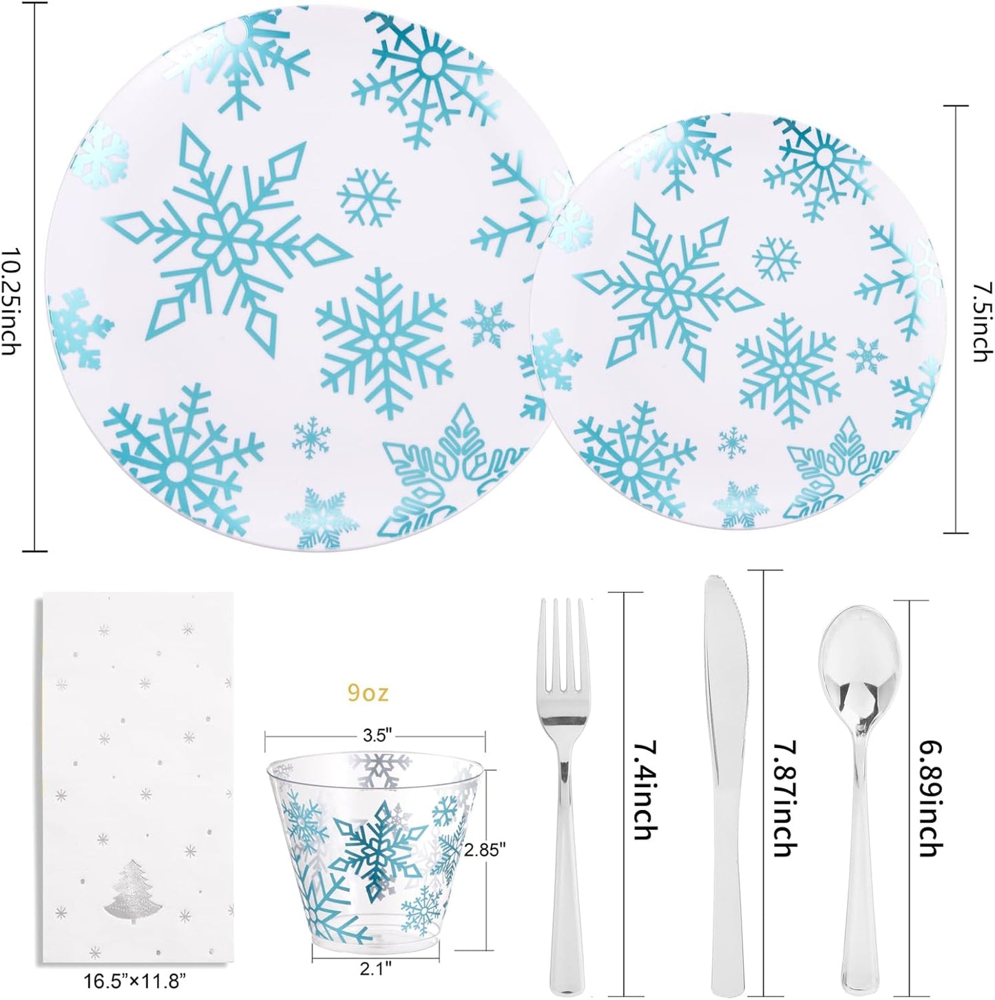 WDF 175Pcs Christmas Plates and Napkins Disposable Dinnerware Set for 25 Guests, White Blue Plates with Silverware, White Snowflake Cups and Festive Holiday Napkins Perfect for Christmas Winter