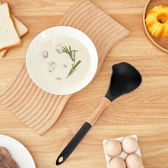 Kitchen Utensils Set - 7 PCS Non-Stick Silicone Cooking Utensils Set with Wooden Handle,Kitchen Gadgets Tools Set for Nonstick Cookware (Black-7Max)