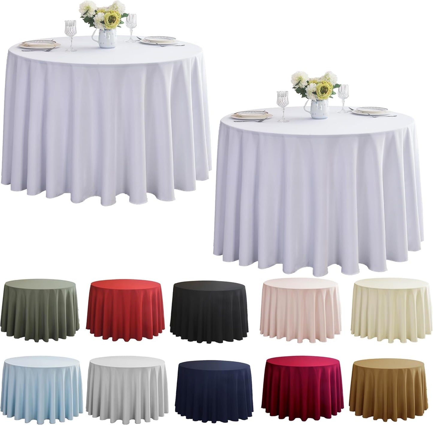 2-Pack Round 120-inch White Table Cloths, Solid Stain and Wrinkle Resistant Circular Tablecloth, Premium Plain Weave Polyester Fabric Table Linen Covers for Hotel, Banquet