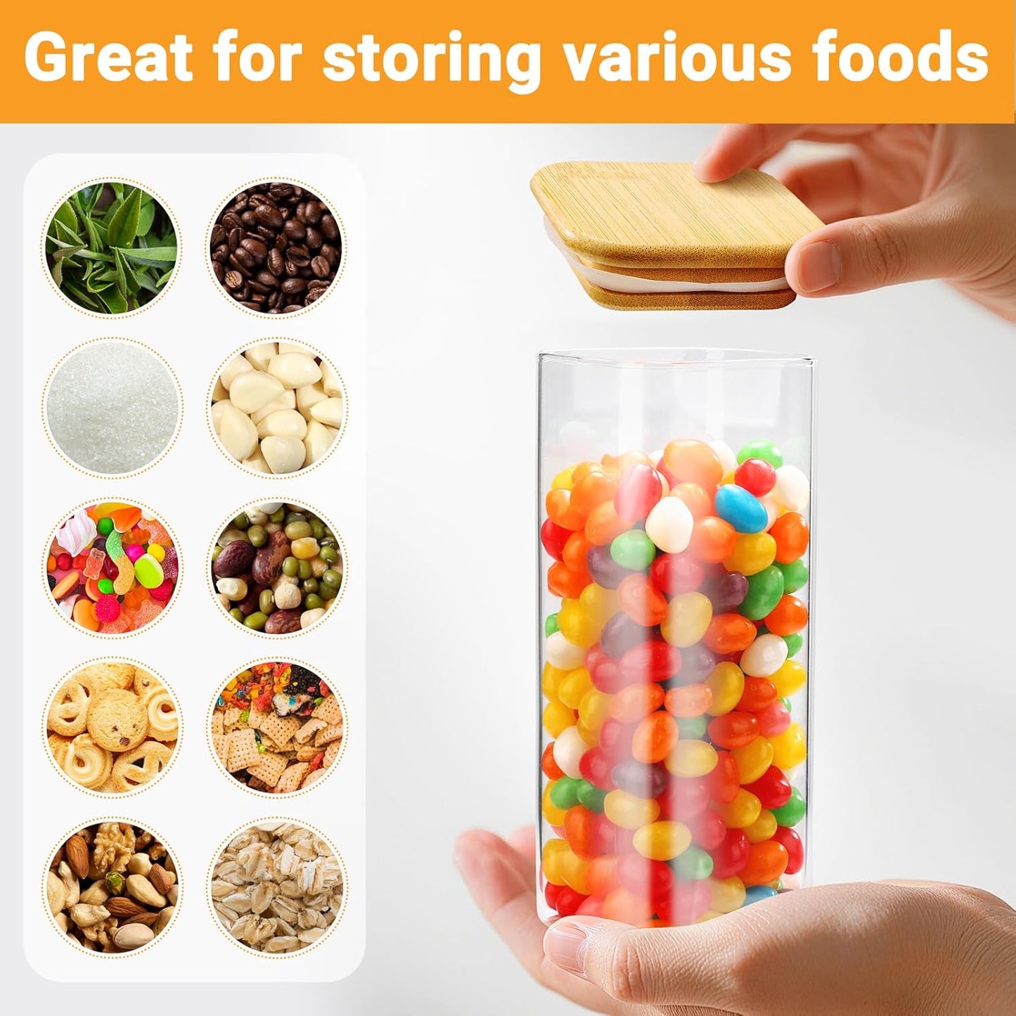 Glass Jars with Lids, 4 Pack 13 Fl.oz Square Glass Storage Jars with Bamboo Lids, Spice Canister Kitchen Pantry Containers for Sugar, Coffee Beans, Tea - Included Labels, Spoon and Marker