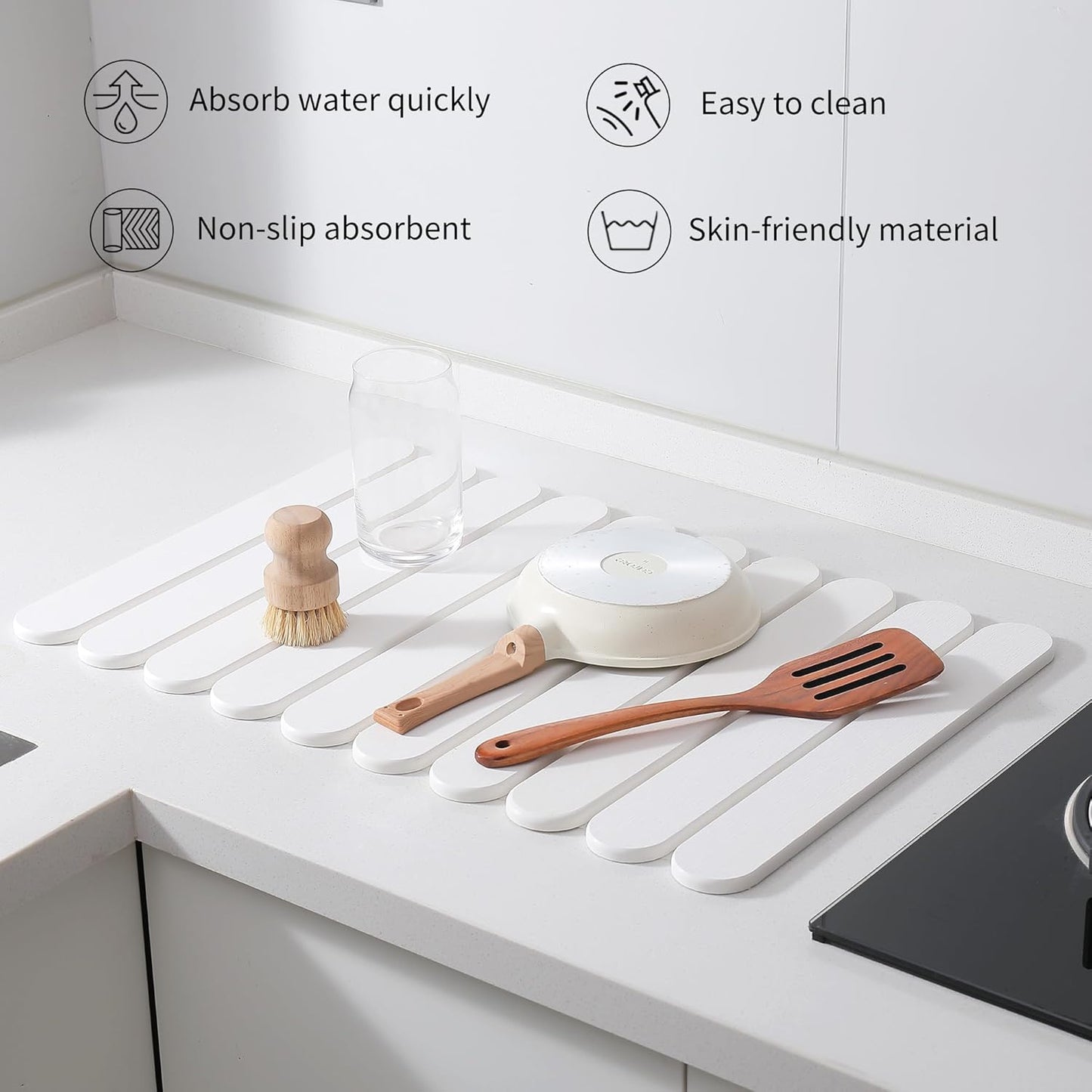 24"×16" White Stone Dish Drying Mats for Kitchen Counter, Large Quick Dry Collapsible Eco-Friendly Super Absorbent Diatomaceous Earth Heat-resistant Mat for Dishes Bottles Cups, Match Any Countertop