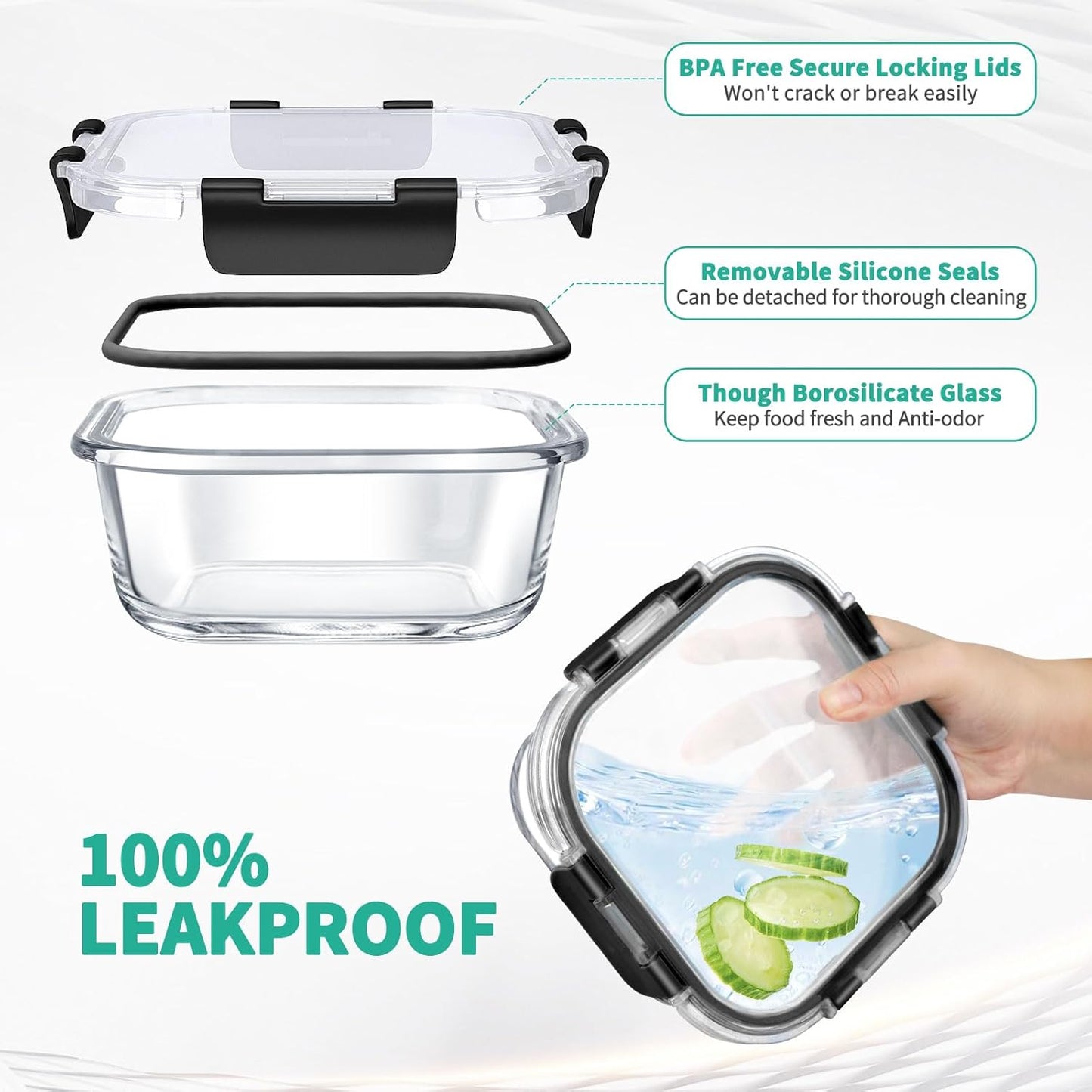 34pcs Glass Food Storage Containers with Lids Set, Airtight Glass Meal Prep Containers (17 Containers & 17 Lids), Leak Proof Lunch Container BPA-Free, Microwave, Oven, Freezer, Dishwasher Safe-Black