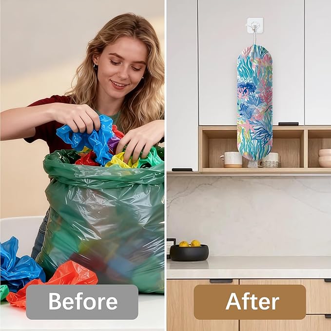 Plastic Bag Holder Dispenser, Plants Plastic Grocery Bag Organizer & Wall Mount Paper Trash Bag Saver Storage for Kitchen Home Pantry Decor, Shopping Bags Storage Dispenser
