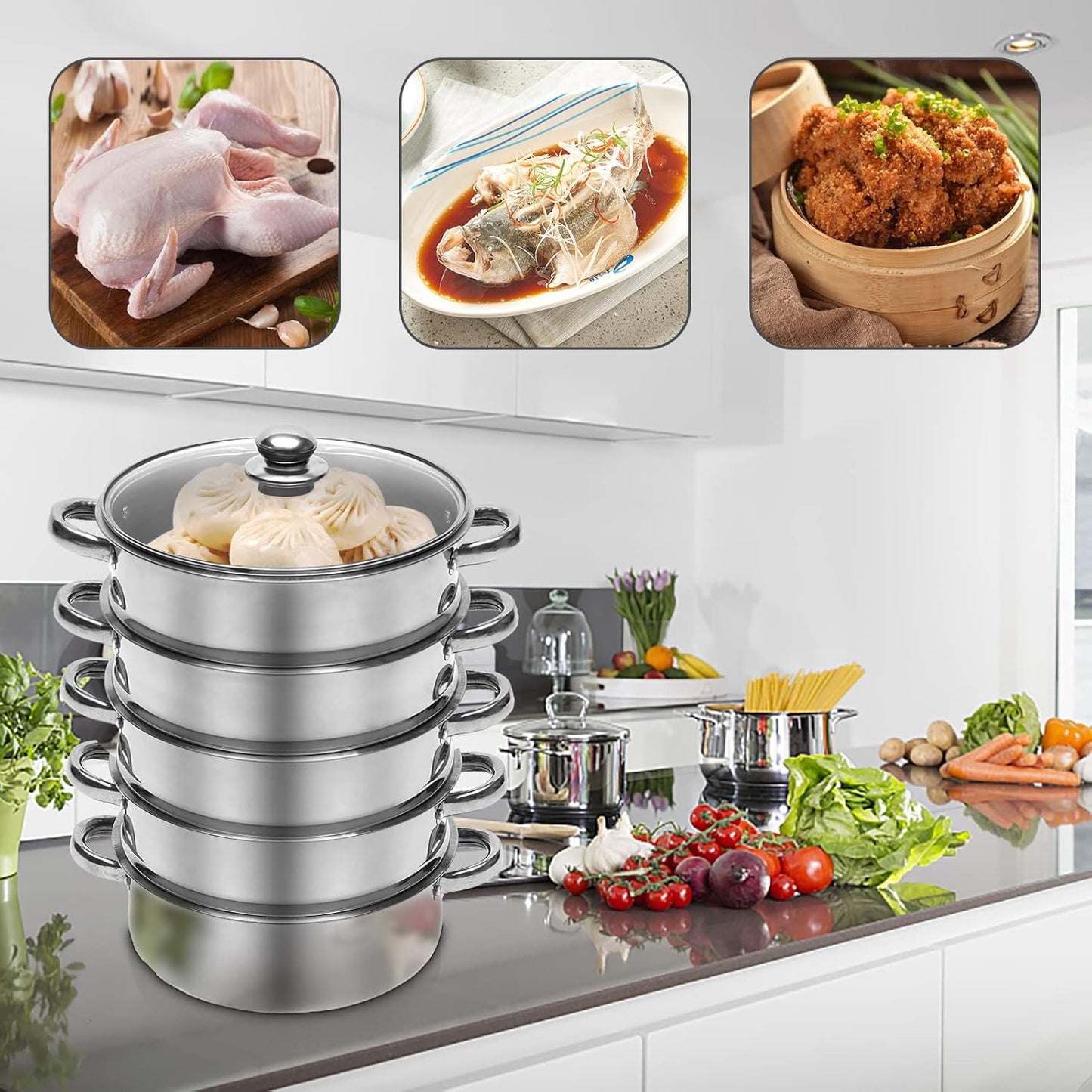 Steamer Pot Food-Grade Polished Stainless Steel Dumpling Steamer Cooker Multi-functional 5-layer Fast Heating 26cm/28cm/30cm (26cm)