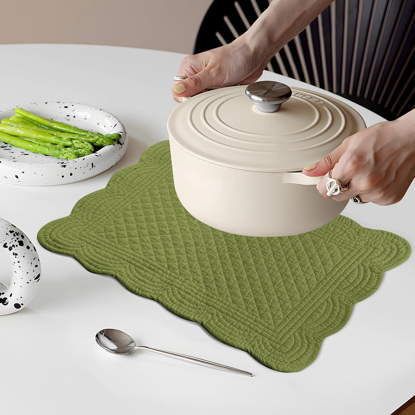 6 PC Quilted Placemats, 18"X13"Extra Large Cotton Placemats Set of 6, 100% Cotton Fabric Washable Cloth Table Mats for Kitchen & Dining Table - Soft &Easy Clean(Olive Green, Rectangular)