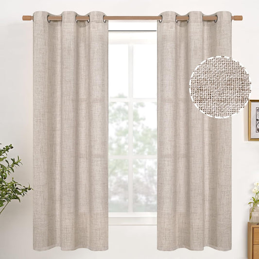 YoungsTex Natural Linen Curtains 63 Inches Long for Living Room, Beige Light Filtering Drapes Semi Sheer Textured with Bronze Grommet Privacy for Bedroom, 2 Panels, 42 X 63 Inch