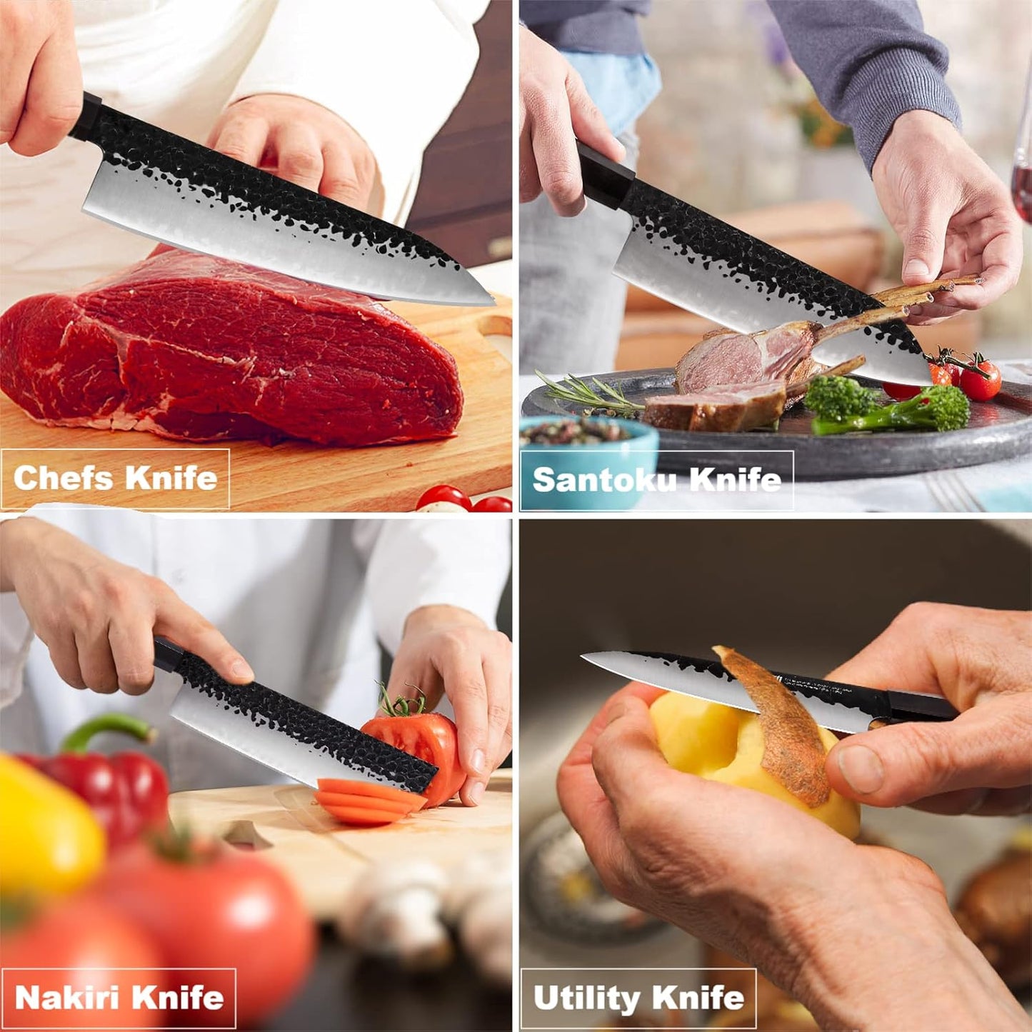 FINDKING Chefs Knives Set and Edge Guards, High Carbon Steel Kitchen Knives, Walnut Knife Holders, for Home Kitchen, Meat, Fruits, Vegetables, Dynasty Series, 8PCS