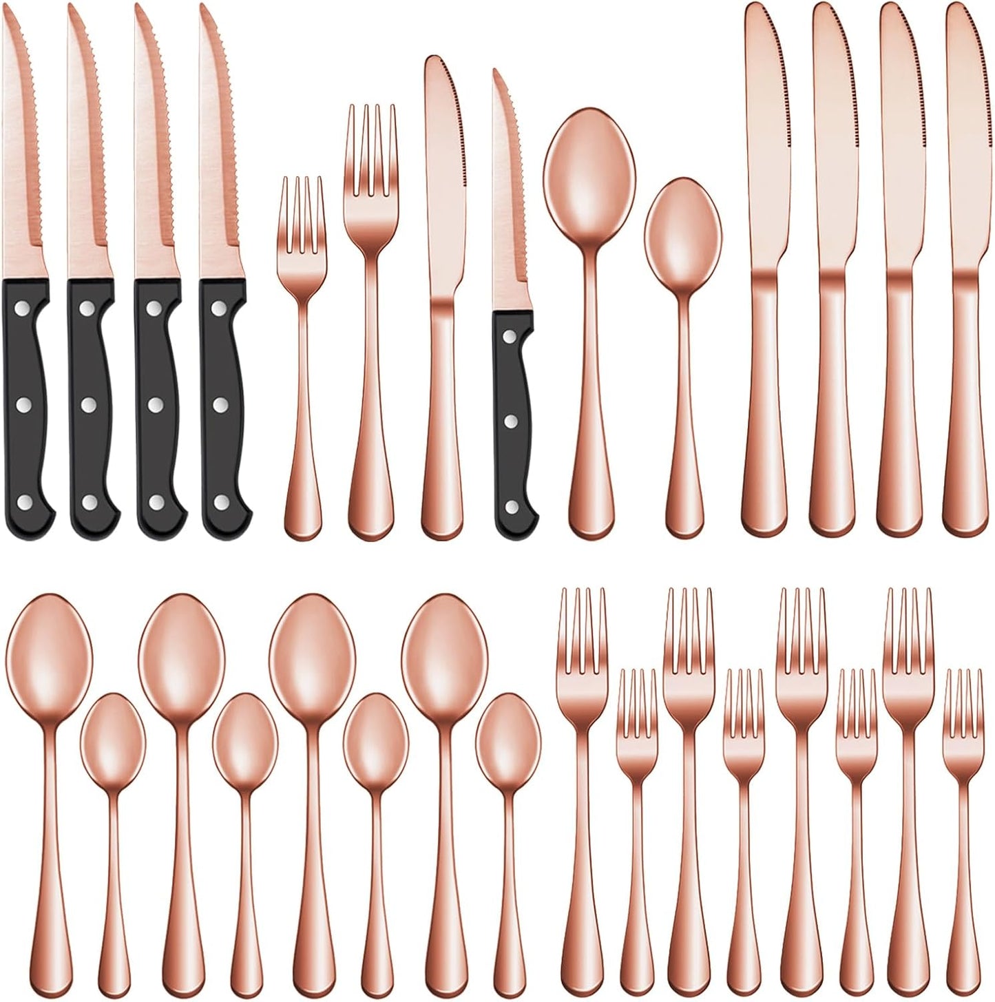 36 Pcs Rose Gold Silverware Set with Steak Knives Service for 6,Stainless Steel Flatware Set,Mirror Polished Cutlery Utensil Set, Kitchen Eating Tableware,Include Fork Knife Spoon Set,Dishwasher Safe