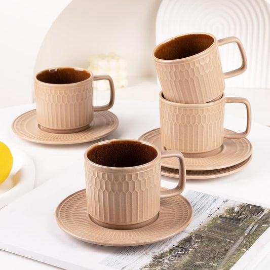 Large Cappuccino Cups with Saucers Set of 4, 8 Ounce Stackable Embossed Ceramic Coffee Mugs for Specialty Coffee Drinks, Latte, Cafe Mocha and Tea, Dishwasher & Microwave Safe (Brown)