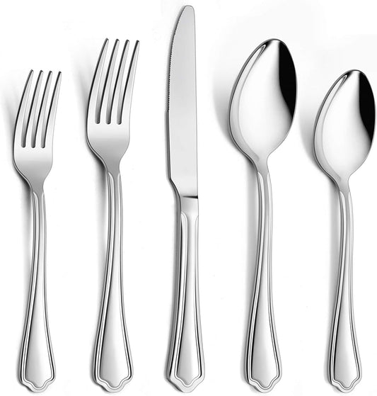 20-Piece Silverware Set, E-far Stainless Steel Flatware Cutlery Set Service for 4, Metal Tableware Eating Utensil Set, Dinner Knives/Forks/Spoons, Scalloped Edge & Mirror Polished - Dishwasher Safe