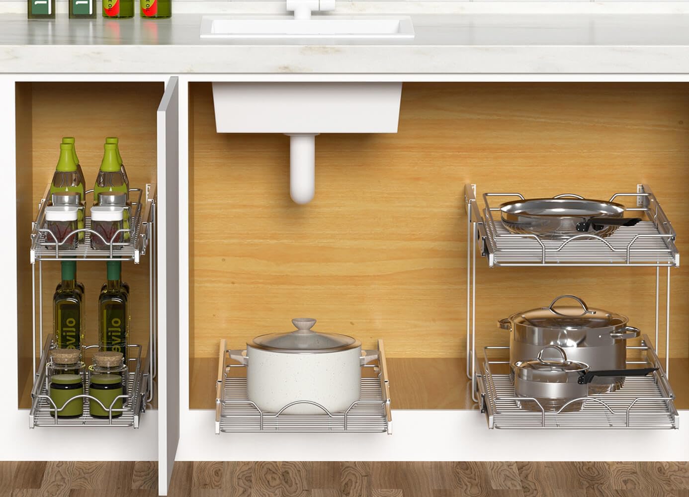 OCG Pull Out Cabinet Organizer (17.75" W x 17" D), Pull Out Drawers, Cabinet Pull Out Shelves for Base Cabinet Organization in Kitchen Bathroom Pantry, Bottom Mount, Chrome Finish