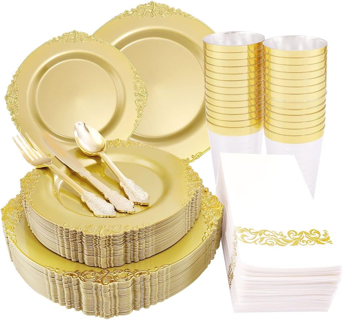 Morejoy 175PCS Solid Gold Plastic Plates with Gold Rim，gold disposable dinnerware sets Include 25 Dinner Plates,25 Dessert Plates,25 Cutlery Sets,25 Napkins Perfect for Party & Thanksgiving