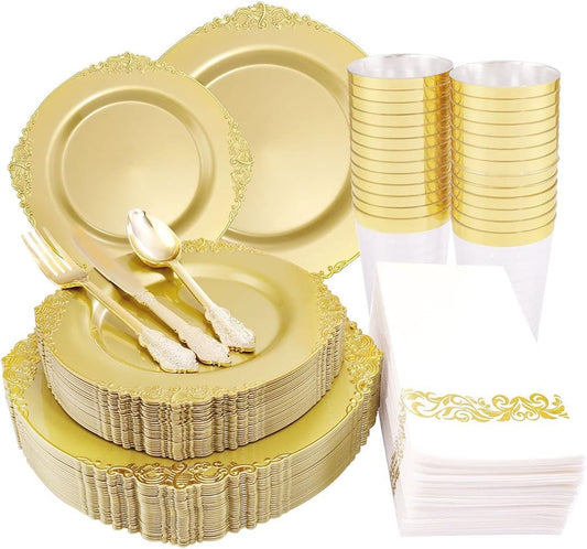 Morejoy 175PCS Solid Gold Plastic Plates with Gold Rim，gold disposable dinnerware sets Include 25 Dinner Plates,25 Dessert Plates,25 Cutlery Sets,25 Napkins Perfect for Party & Thanksgiving