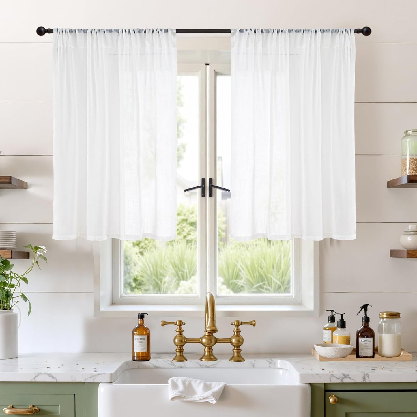 BGment Cafe White Linen Curtains 36 Inch Length for Kitchen Window Over Sink - Small Semi Sheer Drapes Light Filtering with Rod Pocket for Bathroom Lightweight, 2 Panels Set, 42 X 36 Inch