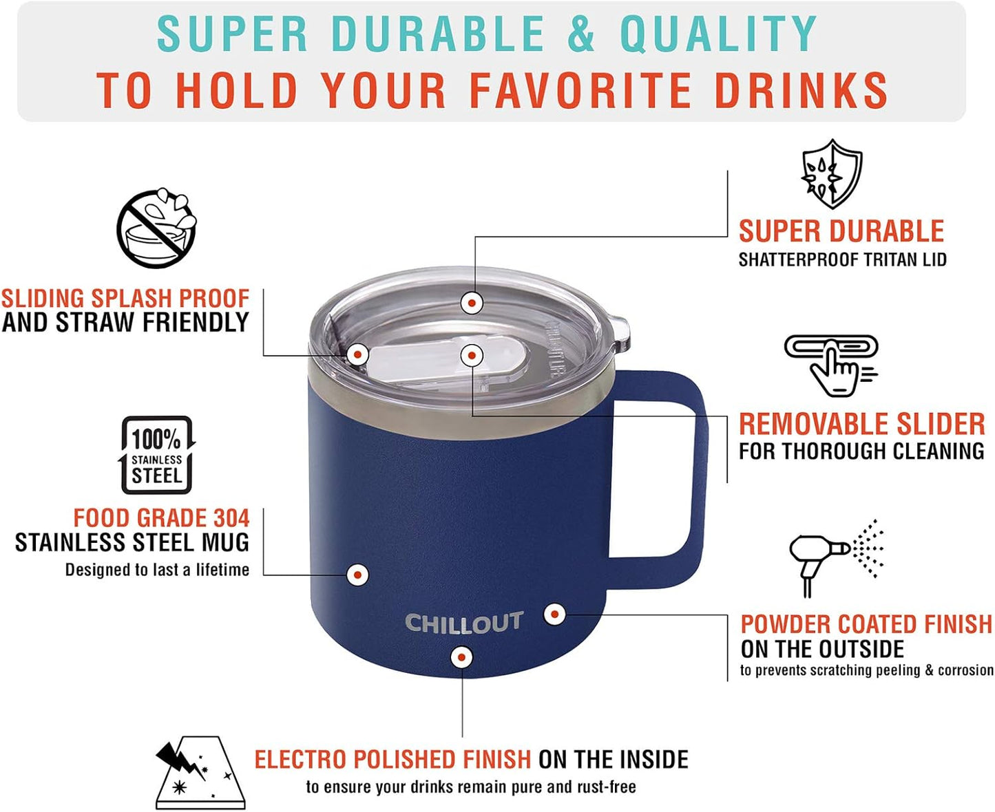 CHILLOUT LIFE Stainless Steel 16 oz Vacuum Insulated Coffee Mug with Handle and Lid, Large Thermal Camping Coffee Mug Cup with Durable Sliding Top for Men & Women - Keeps Beverages Hot/Cold